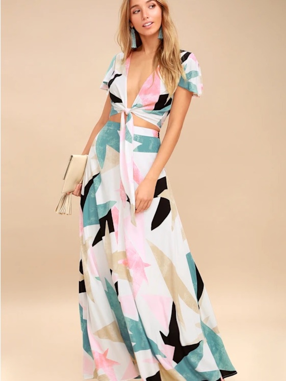 LULU’S Pastel Abstract Tie-Front Maxi 2-Piece Set